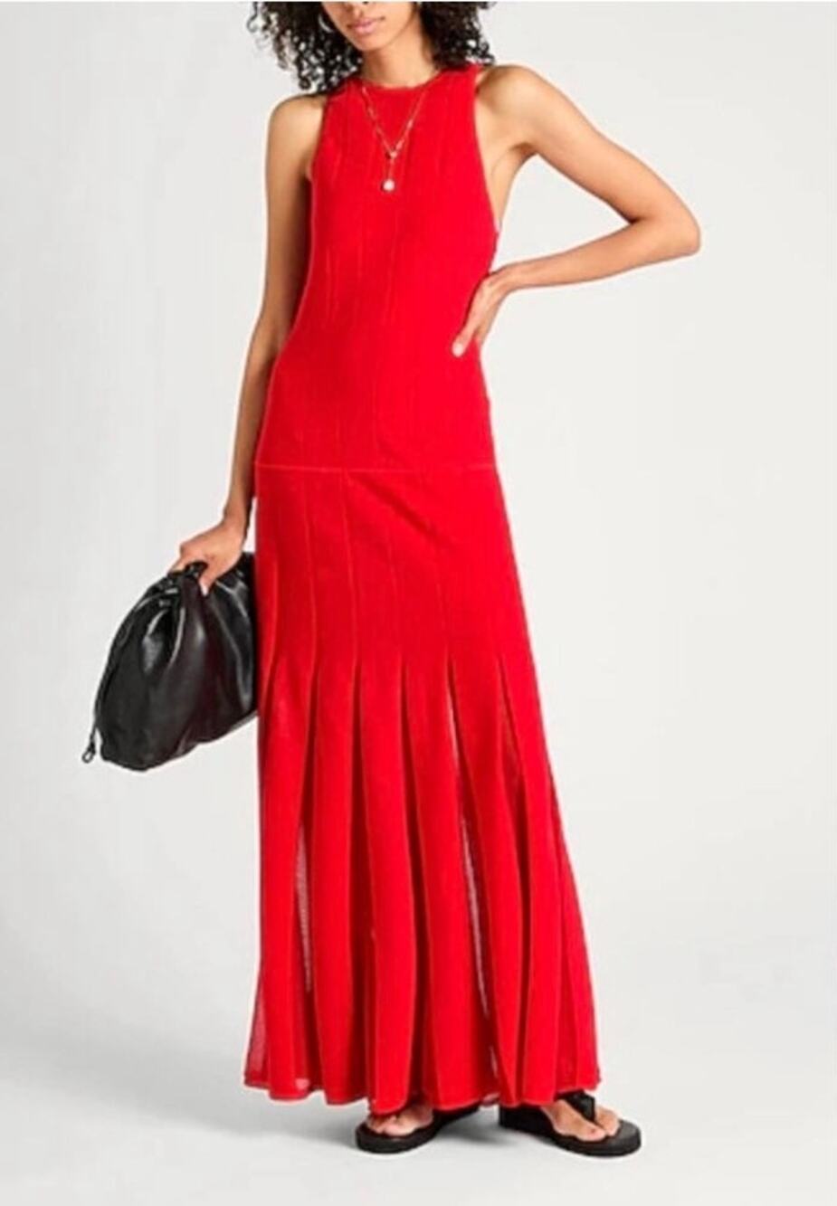 Cos Pleated Racer-Neck Maxi Dress Medium Red Knit Drop Waist Cocktail Party Glam